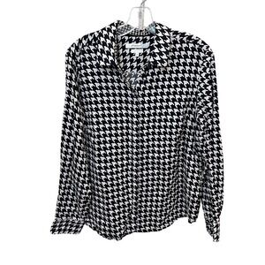 Foxcroft NYC Womens 14 Shaped Wrinkle Free Houndstooth Button Down Shirt Black